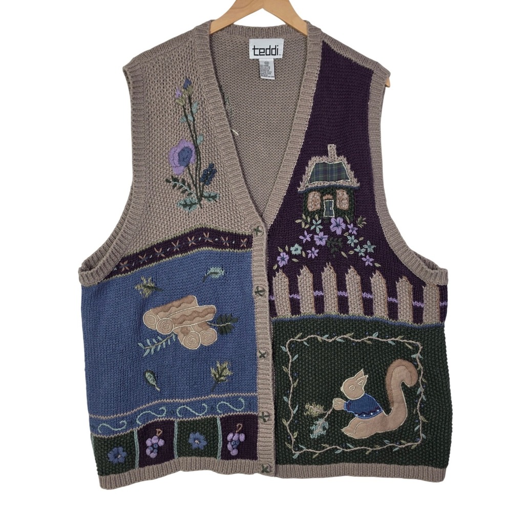 Teddi Womens Size 3X Embroidered Squirrel Sweater Vest‎ Cottagecore Vintage